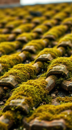 Mossy roof tiles blanket an old buildings roof on a cloudy afternoonの素材