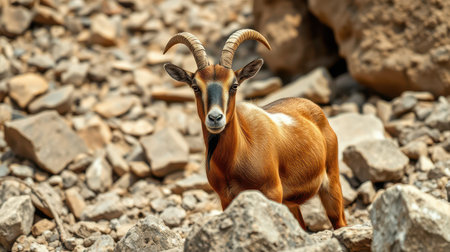 Mountain goat stands among rocky terrain in natural habitat during daylight hoursの素材