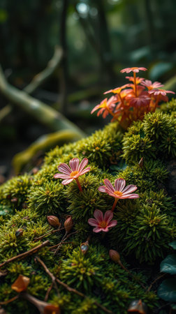 Pink and orange wildflowers bloom amidst lush green moss on a forest floor at dawnの素材
