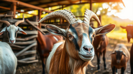 Close-up of a goat with large horns at a farm in the late afternoon, surrounded by other animals enjoying the warm sunlightの素材