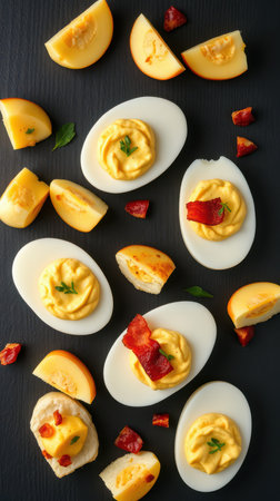 Deviled eggs with bacon and fresh apple slices arranged on a dark background for a vibrant snack displayの素材