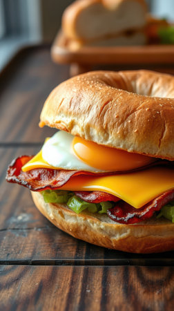 Breakfast sandwich with egg, bacon, cheese, and vegetables served on a toasted bagelの素材