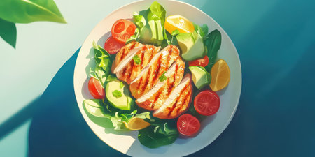 Grilled chicken salad with fresh vegetables and citrus garnishes in a vibrant settingの素材