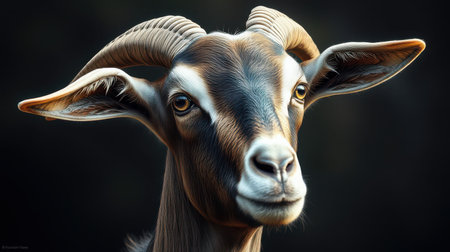 Goat with prominent horns posing against a dark background showcasing its features and expressionsの素材