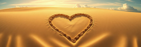 A large heart shape is etched into the golden sand of a desertの素材