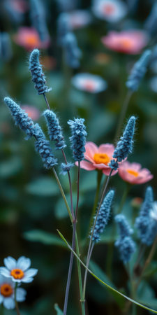 Colorful flowers bloom in a vibrant garden with delicate blue and pink petals during springtimeの素材