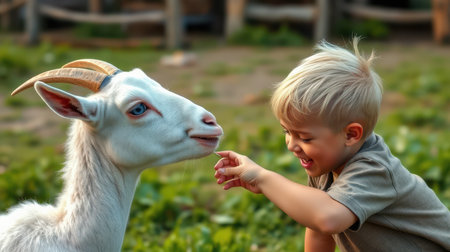 Child interacts joyfully with a friendly goat on a sunny day outdoors in a grassy settingの素材