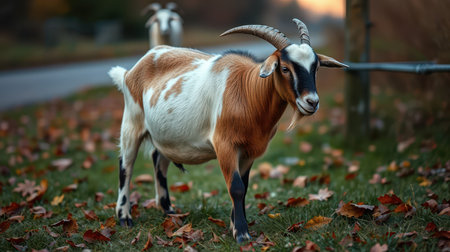 Brown and white goat grazing in a meadow during autumn with fallen leaves aroundの素材