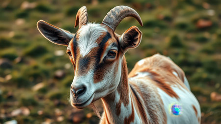 Goat stands gracefully on a grassy field during golden hour, showcasing its unique markings and alert expressionの素材