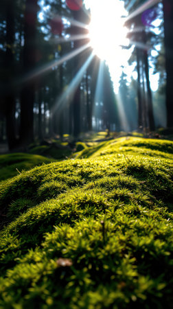 Sunlight streams through a forest canopy illuminating a lush carpet of mossの素材