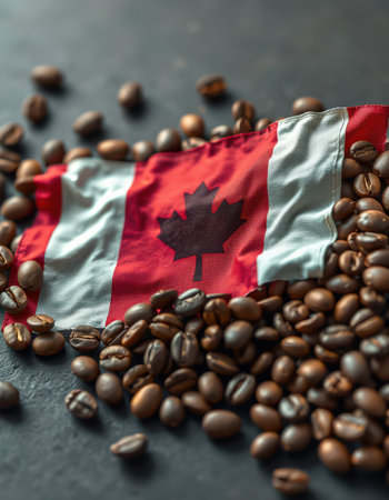 Coffee beans surround the Canadian flag on a dark surface in a cozy settingの素材