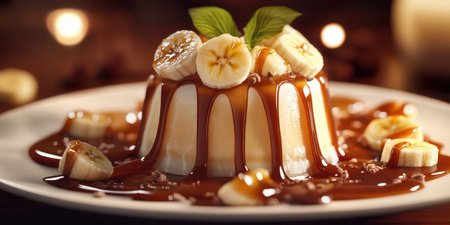Creamy dessert topped with fresh banana slices and caramel sauce on a white plate in warm lightingの素材