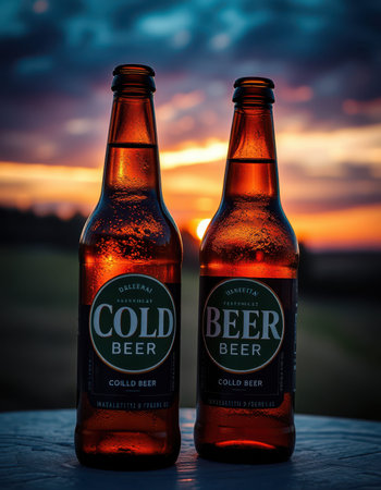 Two amber glass bottles of cold beer rest on a surface outdoorsの素材