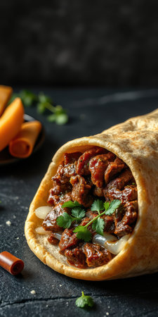 Delicious beef burrito wrapped in a flour tortilla with fresh ingredients on a dark backgroundの素材