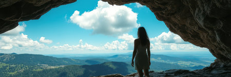 Silhouetted against a vast panoramic view, a woman in a simple dress stands within the shadowy entrance of a natural caveの素材
