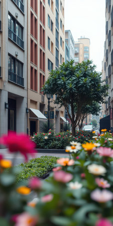 Lively urban garden featuring colorful flowers and trees amidst modern buildings in a busy city streetの素材