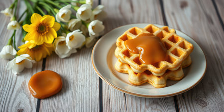 Waffles topped with syrup next to fresh flowers on a wooden table during a cozy breakfast settingの素材