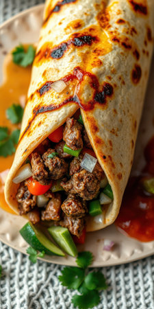 Delicious burrito filled with seasoned beef, fresh vegetables, and flavorful salsa on a plateの素材