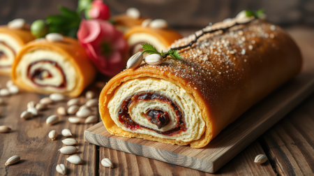 Homemade pastry roll on wooden platter with nuts and flowersの素材