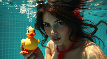 Young woman submerged underwater holding a yellow rubber duck surrounded by bubbles in a bright blue poolの素材