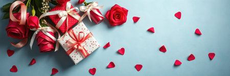 Romantic gifts and red roses arranged on a blue background for a special occasion celebrationの素材