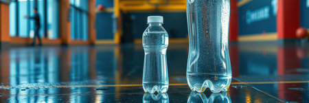 Transparent water bottles of different sizes placed on a glossy floor in a well-lit indoor environmentの素材