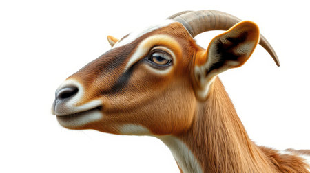 Goat with distinct features and expressive face against white background captures attention in artistic renderingの素材