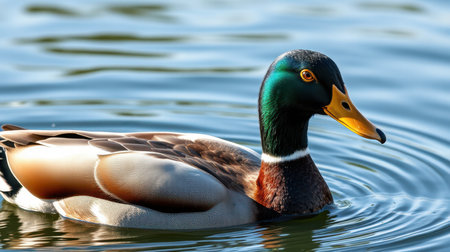Colorful male duck swimming in a calm lake during bright daylightの素材