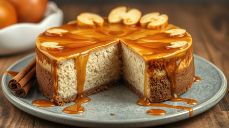 Delicious caramel apple cake with sliced apples and cinnamon on a rustic wooden tableの素材