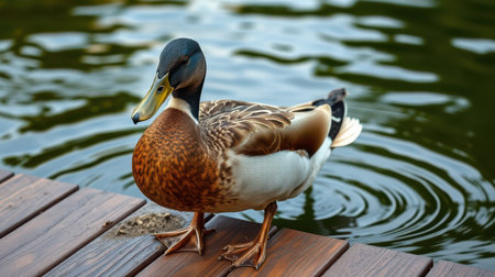 Duck stands by the wooden dock near calm waters and rippling reflections in a serene outdoor settingの素材