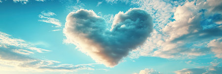 A large, heart-shaped cloud formation is prominent in a bright blue skyの素材