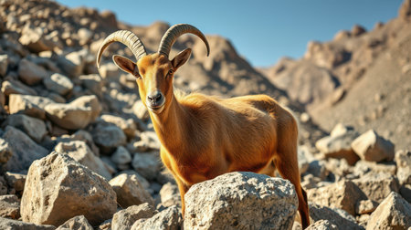 Mountain goat standing on rocky terrain under clear blue sky during bright daylight in a remote conservation areaの素材