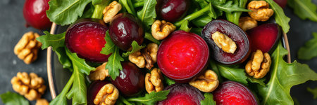 Colorful salad with fresh arugula, walnuts, and juicy cherries showcased in a vibrant bowlの素材