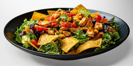 Colorful chicken salad with tortilla chips and fresh vegetables served in a black bowlの素材