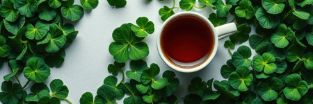 Freshly brewed tea surrounded by vibrant green clovers in a cozy setup on a light backgroundの素材