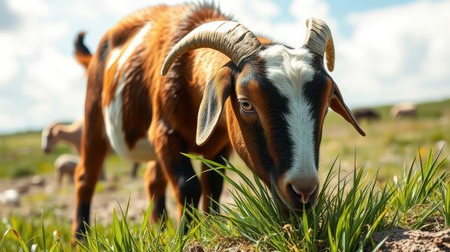 Brown and white goat grazing on green grass in a sunny pasture with blue sky and cloudsの素材