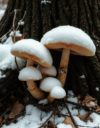 Snow-covered mushrooms growing at the base of a tree in a winter forestの素材