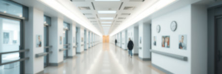 Long corridor with clock decor and quiet footsteps in a modern building during daylight hoursの素材