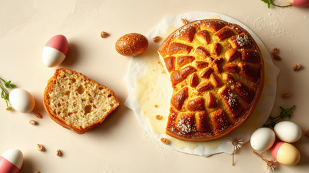Delicious Easter cake displayed on a pastel background with colorful Easter eggs and a slice cut outの素材