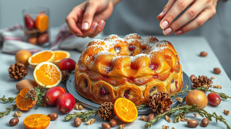 Delicious dessert preparation with a fruity cake and decorative elements in a cozy kitchen settingの素材