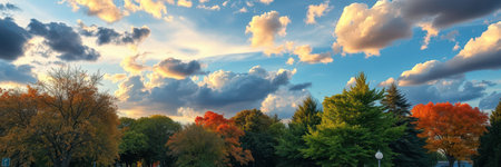 Lush green and fiery orange trees fill the foreground, their leaves backlit by the setting sunの素材