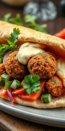 Fresh falafel wrap with vegetables and sauce served on a plate at a casual eateryの素材