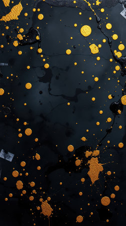 Abstract black background with scattered gold paint droplets and texturesの素材
