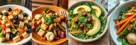 Colorful and nutritious salad varieties showcasing fresh ingredients at a casual dining settingの素材