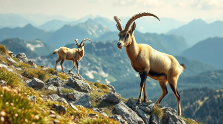 Mountain goats grazing on rocky terrain in a serene landscape during late afternoonの素材