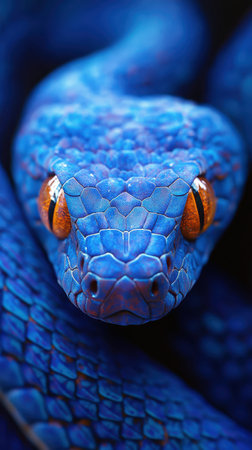Unique blue serpent with striking orange eyes resting in a natural habitat during daylight hoursの素材