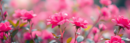Vibrant pink roses blooming in a sunny garden during springtimeの素材
