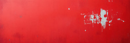 Bright red wall with textured surface and paint splatters from creative project or renovation processの素材