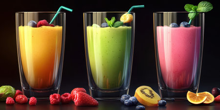 Fresh fruit smoothies in vibrant colors served in tall glasses with garnishes on a dark backgroundの素材