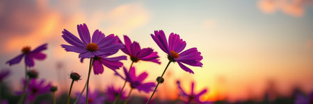 Vibrant pink flowers blooming against a sunset sky with soft clouds and warm colorsの素材